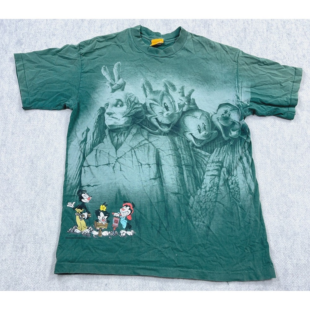 Vintage Animaniacs Shirt Men XL Green Tee Mount Rushmore 90s Single Stitch AOP